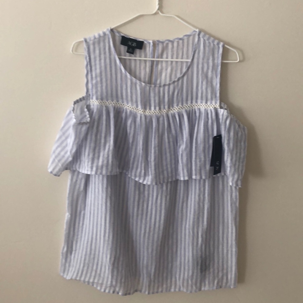 Striped lavender and white sleeveless top.